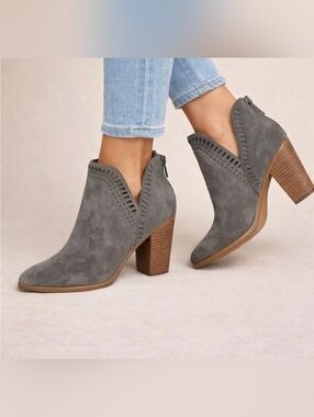 Vince Camuto Gray Suede Cutout Block Heel Ankle Booties